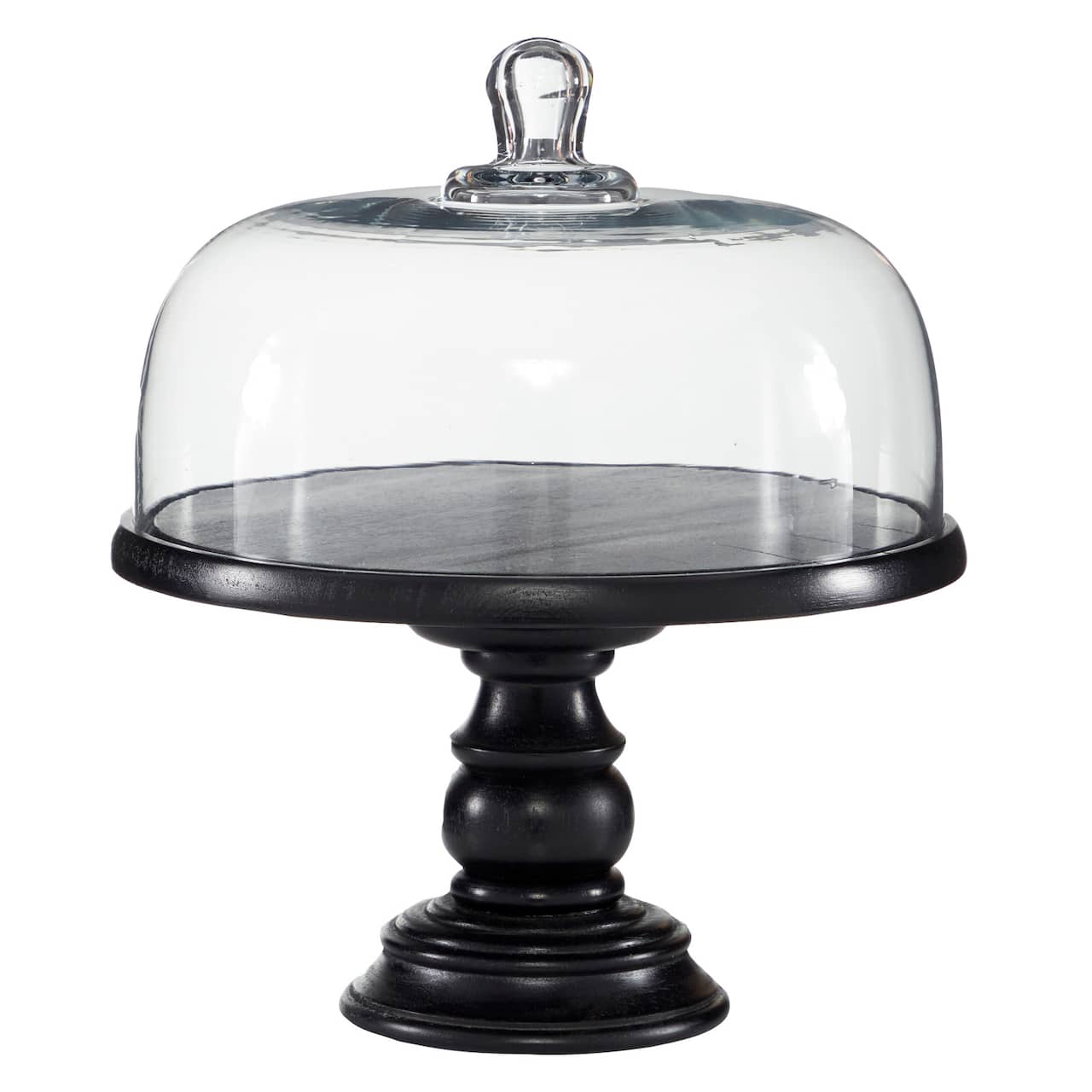 Black Wood and Glass Farmhouse Cake Stand with Cloche, 14" x 12" x 12"